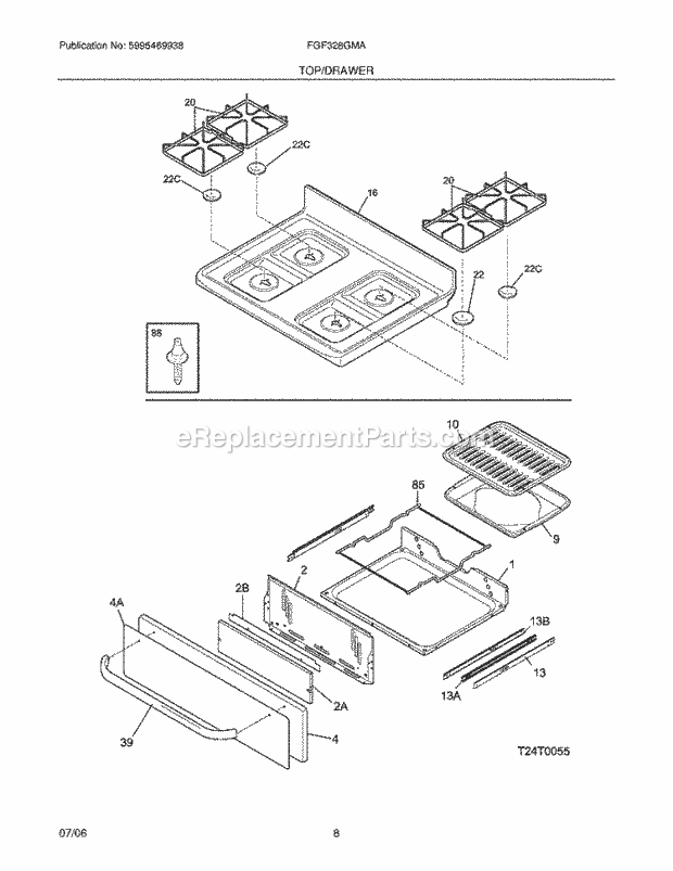 Frigidaire FGF328GMA Freestanding, Gas Gas Range Top / Drawer Diagram