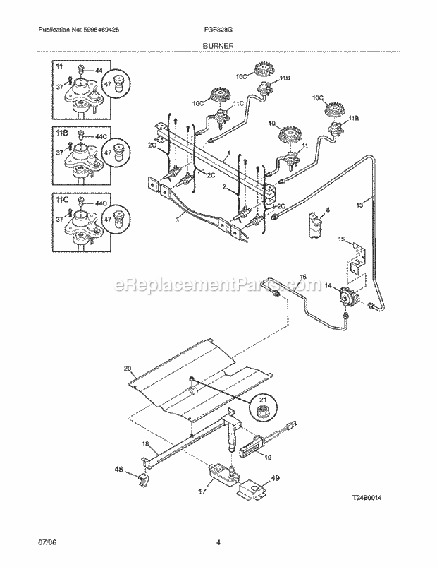 Frigidaire FGF328GSA Freestanding, Gas Gas Range Burner Diagram