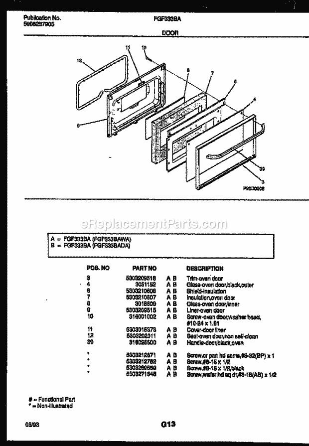 Frigidaire FGF333BAWA Freestanding, Gas Range Gas Door Parts Diagram