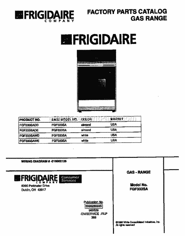 Frigidaire FGF333SADE Freestanding, Gas Frigidaire Gas Range Page D Diagram