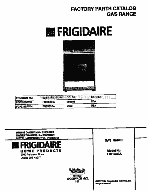 Frigidaire FGF333SADH Freestanding, Gas Frigidaire Gas Range Page D Diagram