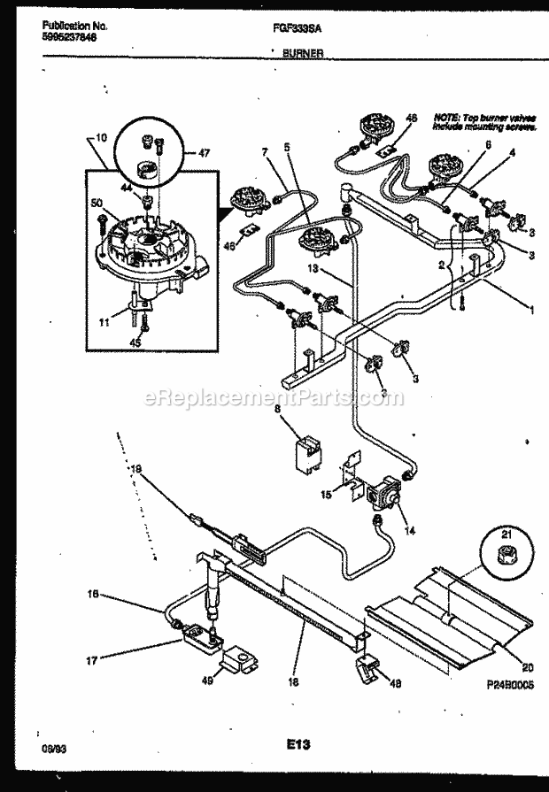 Frigidaire FGF333SAWA Freestanding, Gas Range Gas Burner, Manifold and Gas Control Diagram