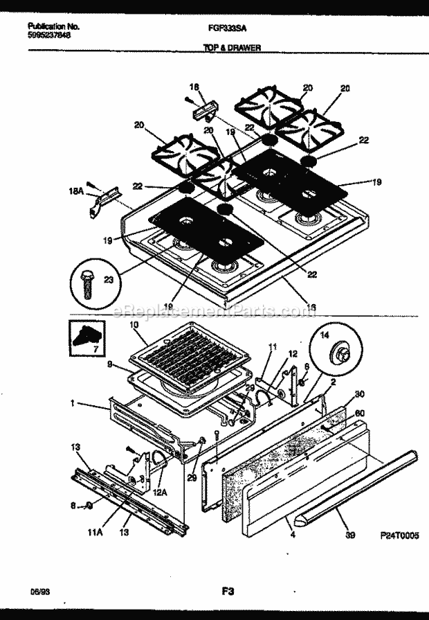 Frigidaire FGF333SAWA Freestanding, Gas Range Gas Cooktop and Broiler Drawer Parts Diagram