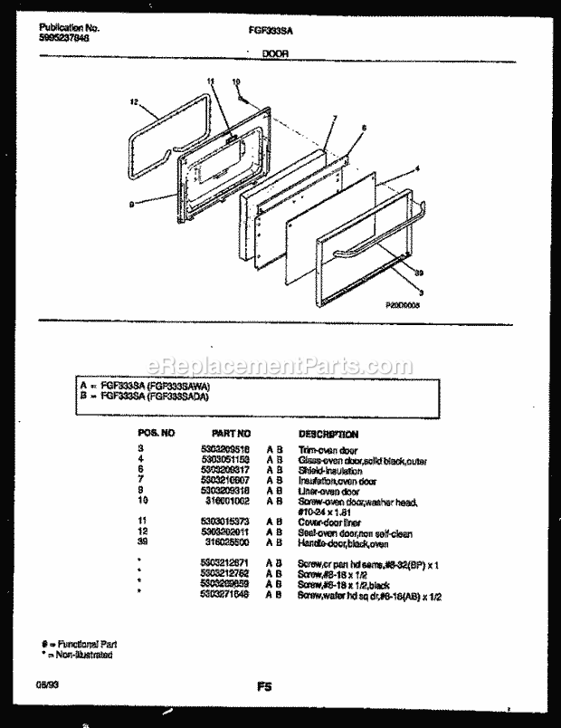 Frigidaire FGF333SAWA Freestanding, Gas Range Gas Door Parts Diagram