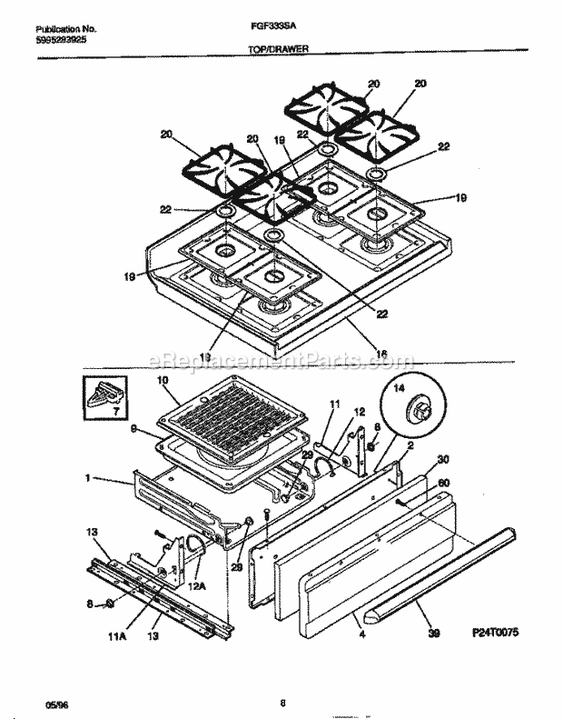 Frigidaire FGF333SAWE Freestanding, Gas Frigidaire Gas Range Top / Drawer Diagram