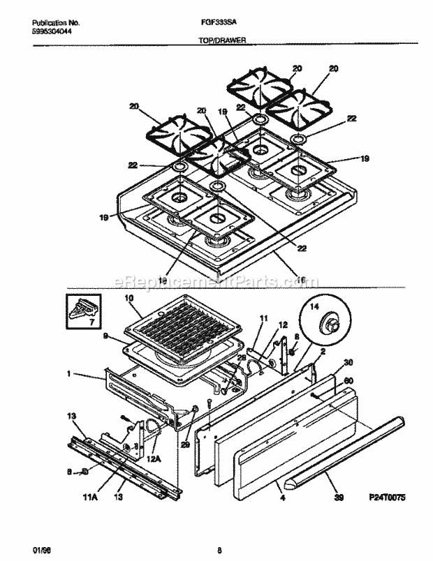 Frigidaire FGF333SAWJ Freestanding, Gas Gas Range Top / Drawer Diagram