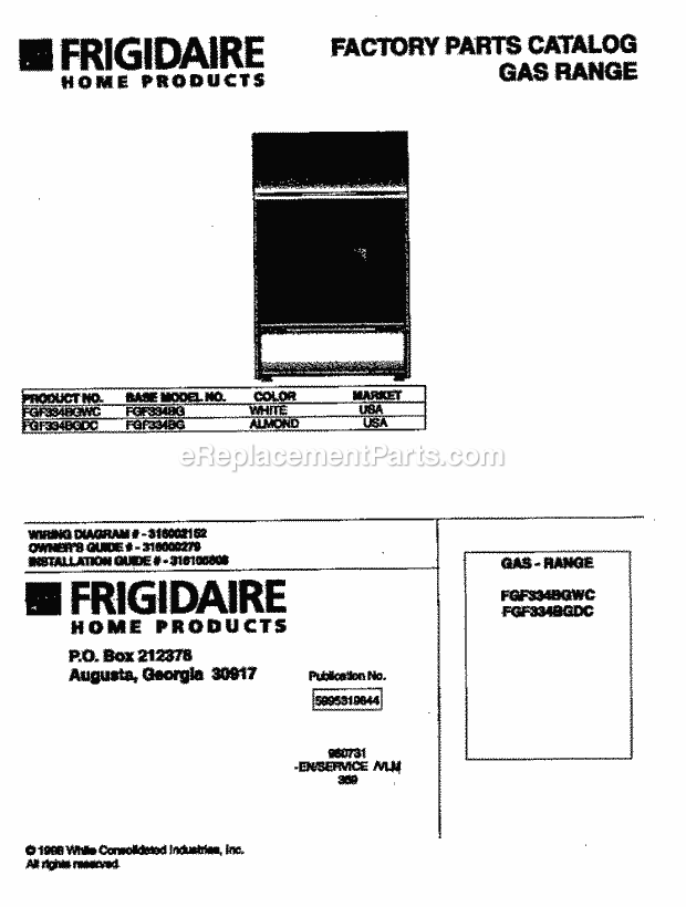 Frigidaire FGF334BGDC Freestanding, Gas Frigidaire/Gas Range Page D Diagram
