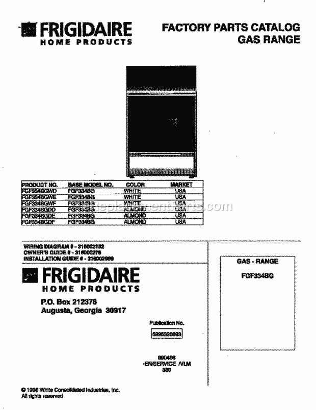 Frigidaire FGF334BGWE Freestanding, Gas Frigidaire/Gas Range Page D Diagram