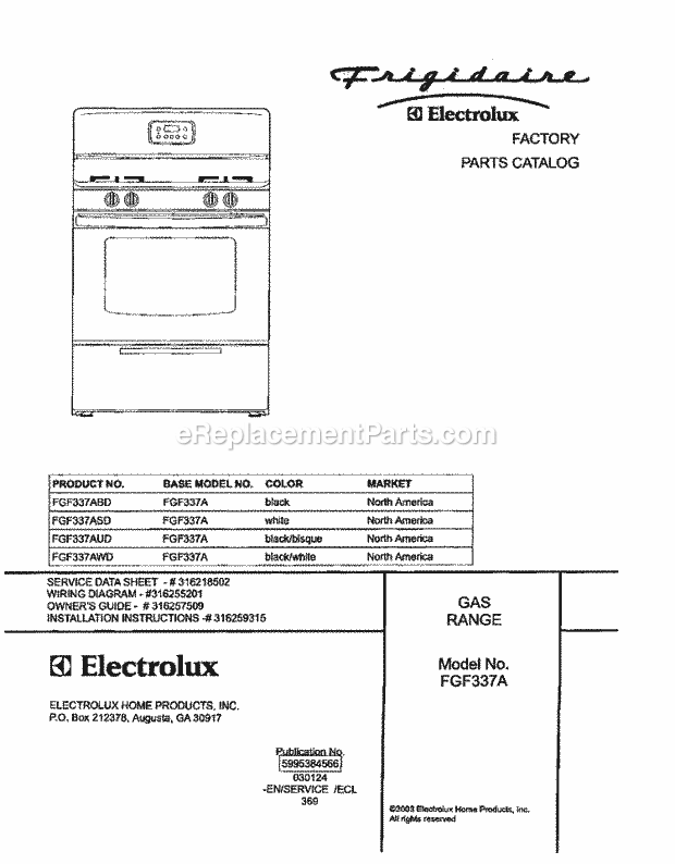 Frigidaire FGF337ASD Freestanding, Gas Gas Range Page D Diagram