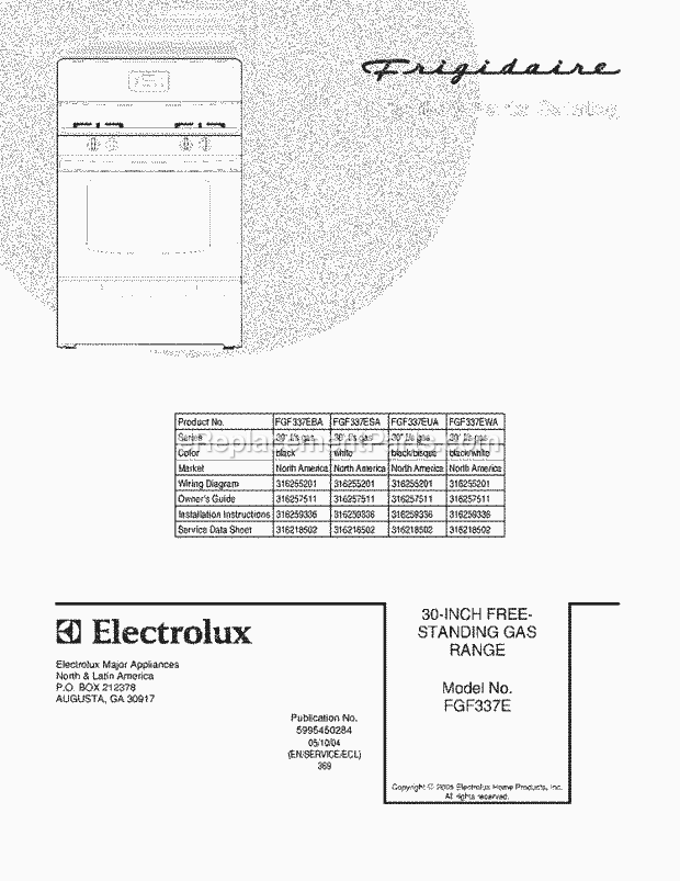 Frigidaire FGF337ESA Freestanding, Gas Gas Range Page D Diagram