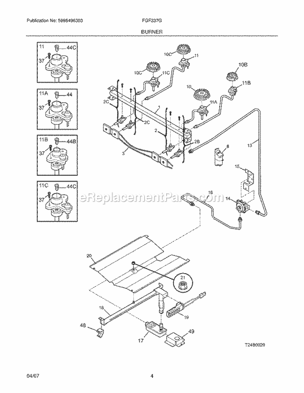 Frigidaire FGF337GUA Freestanding, Gas Gas Range Burner Diagram