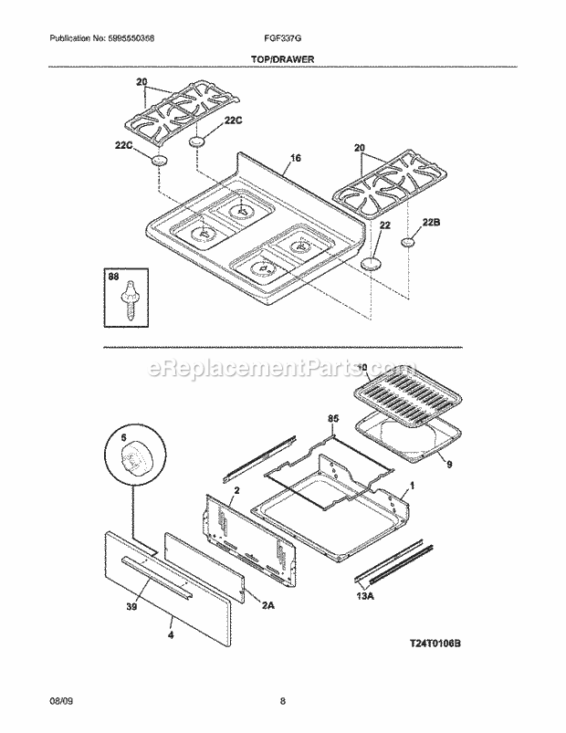 Frigidaire FGF337GWF Range Top/Drawer Diagram