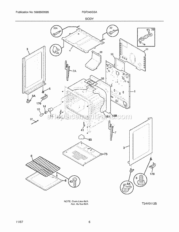 Frigidaire FGF345GSA Freestanding, Gas Gas Range Body Diagram