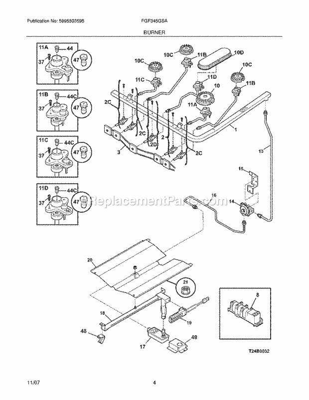 Frigidaire FGF345GSA Freestanding, Gas Gas Range Burner Diagram