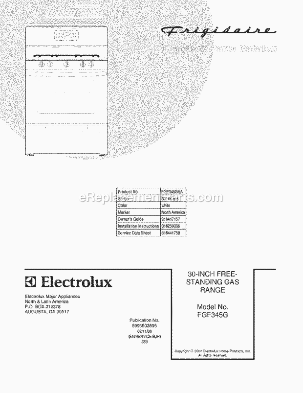 Frigidaire FGF345GSA Freestanding, Gas Gas Range Page D Diagram