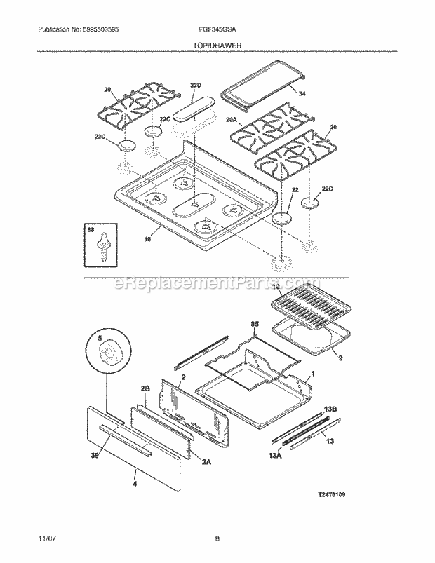 Frigidaire FGF345GSA Freestanding, Gas Gas Range Top / Drawer Diagram