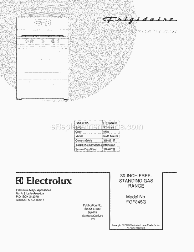 Frigidaire FGF345GSB Freestanding, Gas Gas Range Page D Diagram