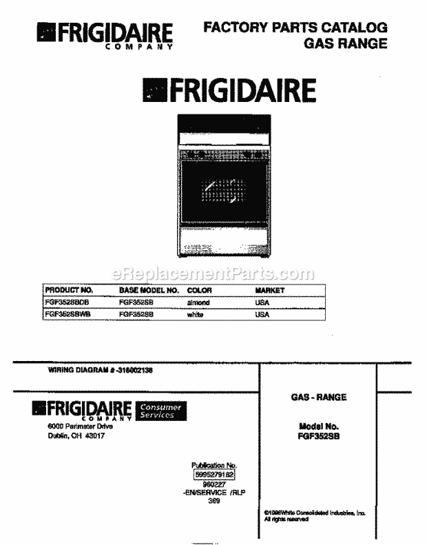 Frigidaire FGF352SBDB Freestanding, Gas Frigidaire Gas Range Page D Diagram