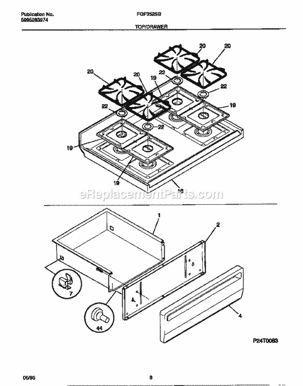 Frigidaire FGF352SBWE Freestanding, Gas Frigidaire Gas Range Top / Drawer Diagram