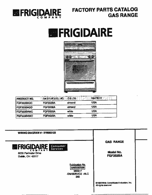 Frigidaire FGF353BADC Freestanding, Gas Frigidaire Gas Range Page D Diagram