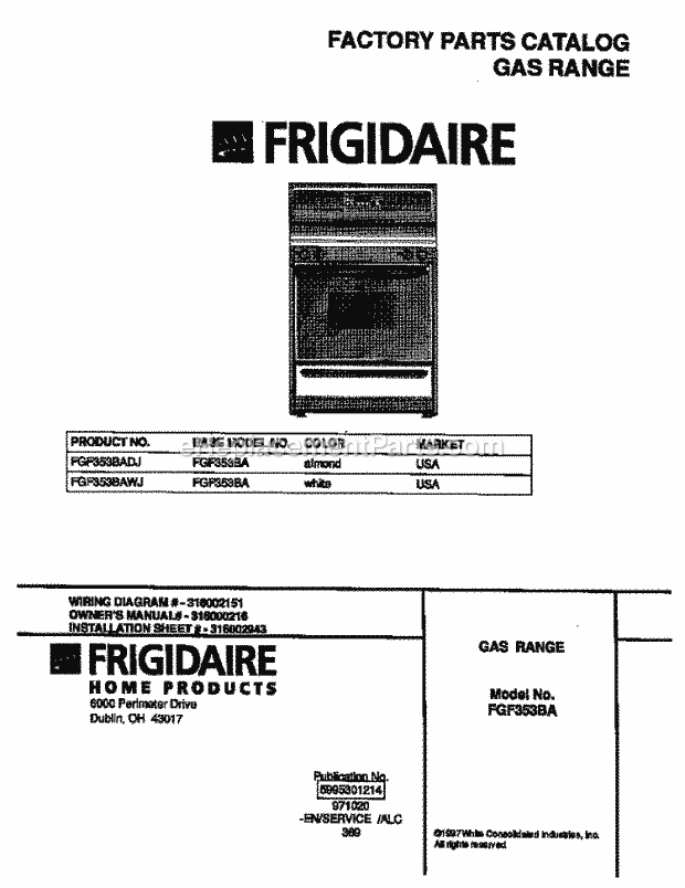 Frigidaire FGF353BADJ Freestanding, Gas Frigidaire Gas Range Page D Diagram