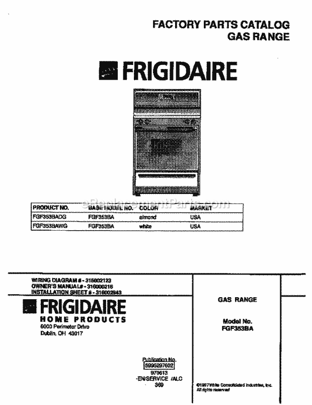 Frigidaire FGF353BAWG Freestanding, Gas Frigidaire Gas Range Page D Diagram