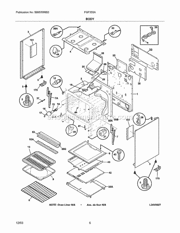 Frigidaire FGF355ASE Freestanding, Gas Gas Range Body Diagram