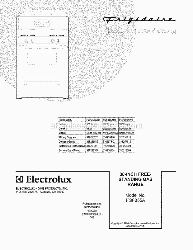 Frigidaire FGF355ASE Freestanding, Gas Gas Range Page D Diagram