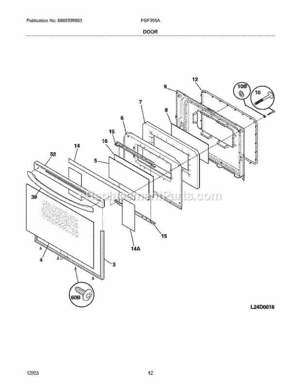 Frigidaire FGF355ASE Freestanding, Gas Gas Range Door Diagram