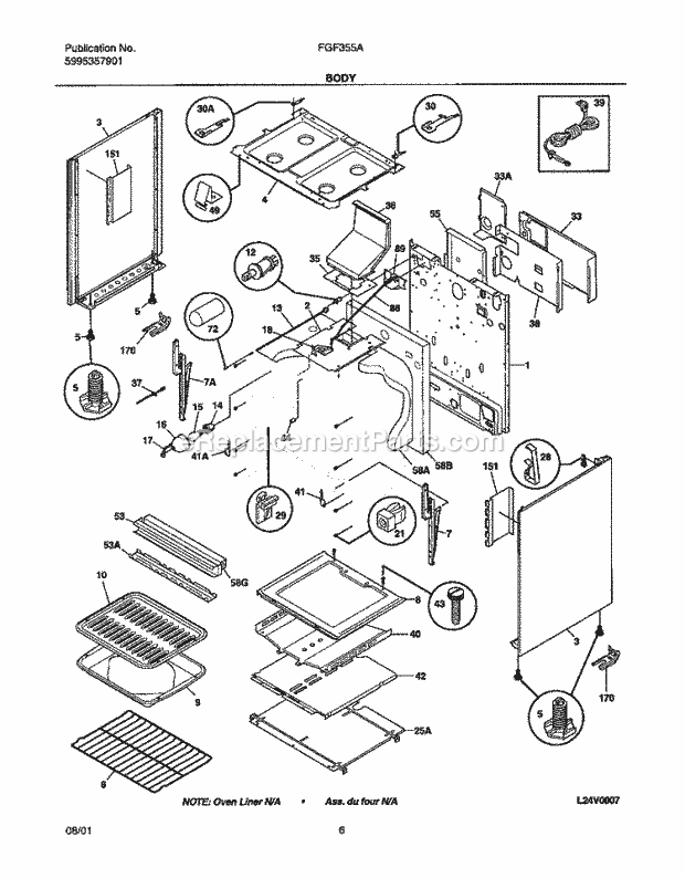 Frigidaire FGF355AUA Freestanding, Gas Gas Range Body Diagram