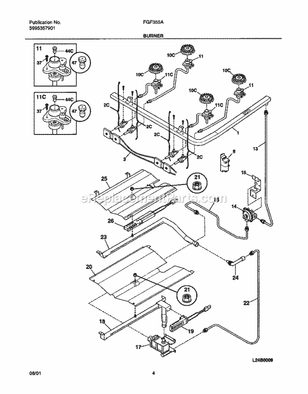 Frigidaire FGF355AUA Freestanding, Gas Gas Range Burner Diagram