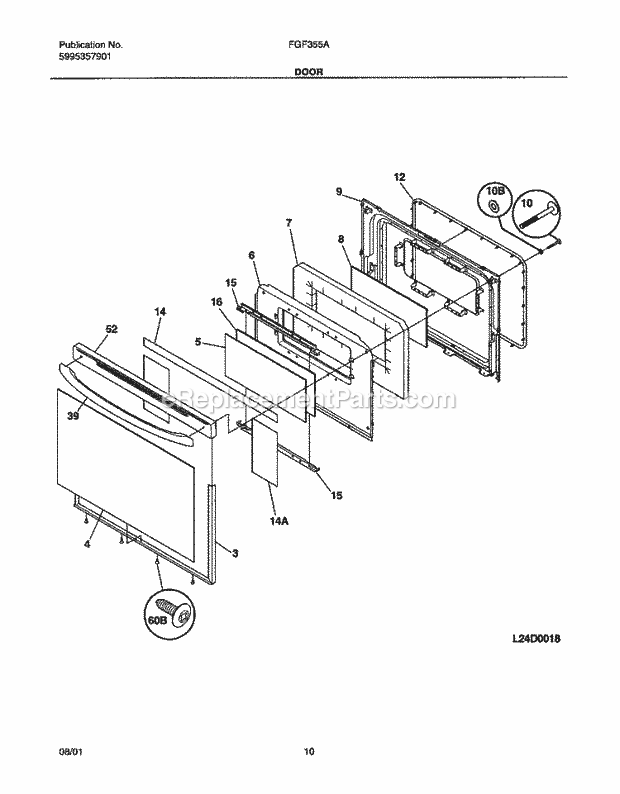Frigidaire FGF355AUA Freestanding, Gas Gas Range Door Diagram