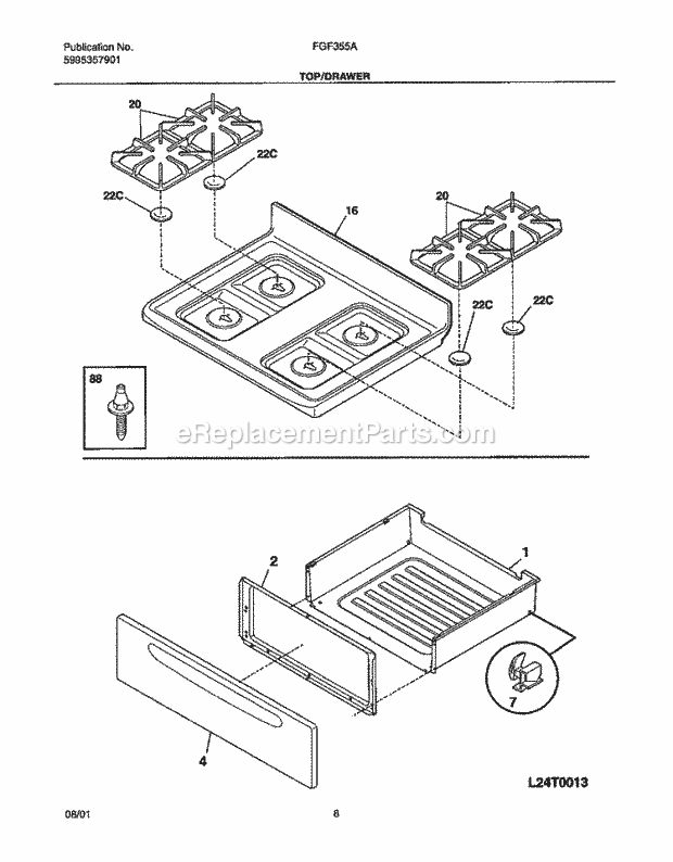 Frigidaire FGF355AUA Freestanding, Gas Gas Range Top / Drawer Diagram