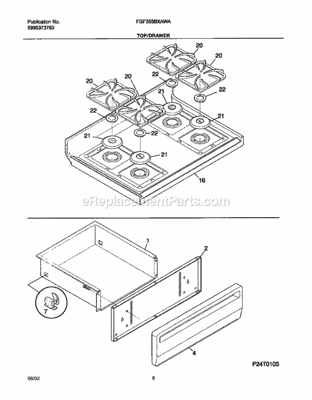 Frigidaire FGF355BXAWA Freestanding, Gas Gas Range Top / Drawer Diagram