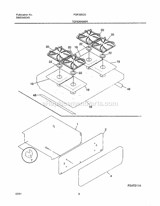 Frigidaire FGF355CGBF Freestanding, Gas Gas Range Top / Drawer Diagram