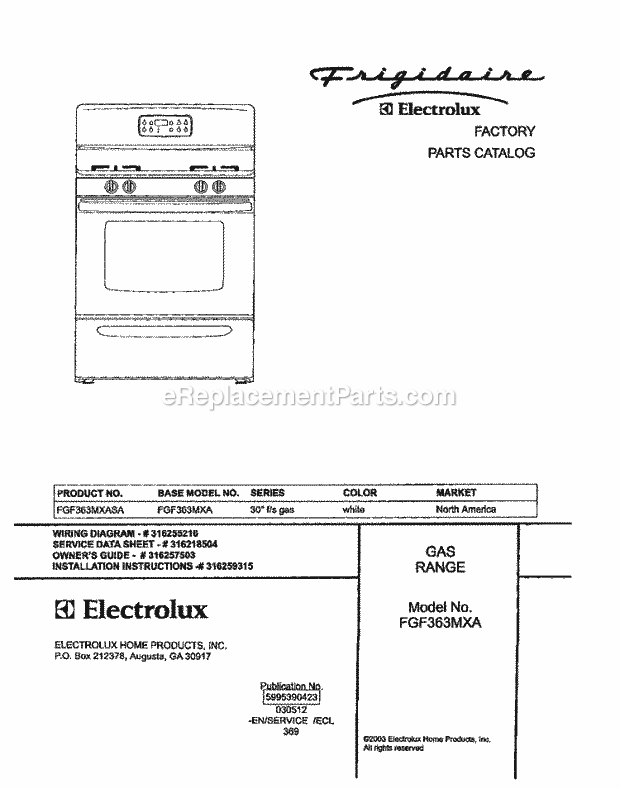 Frigidaire FGF363MXASA Freestanding, Gas Gas Range Page D Diagram