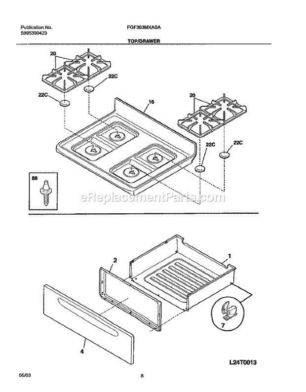 Frigidaire FGF363MXASA Freestanding, Gas Gas Range Top / Drawer Diagram