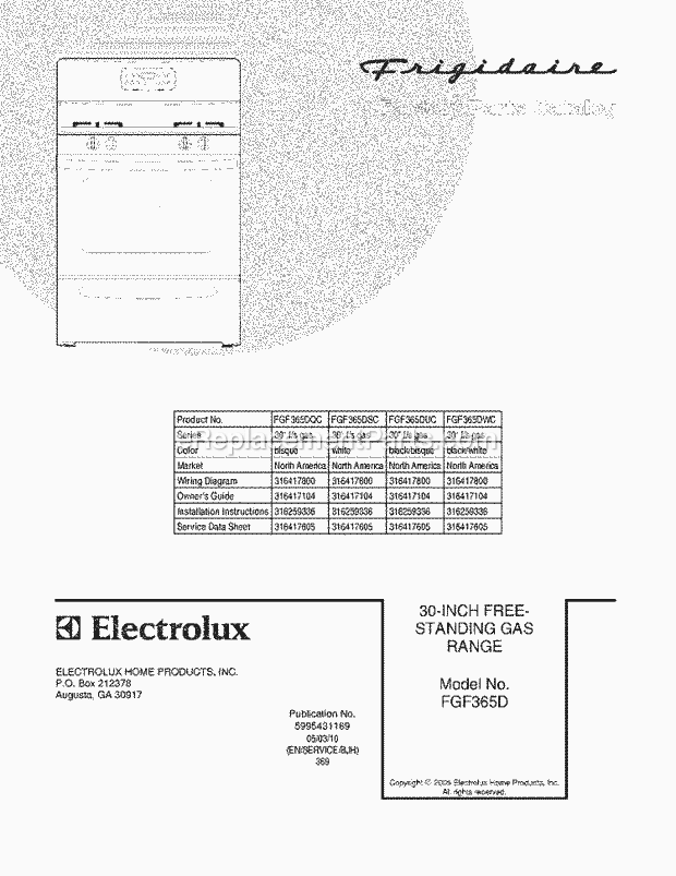 Frigidaire FGF365DQC Freestanding, Gas Gas Range Page D Diagram