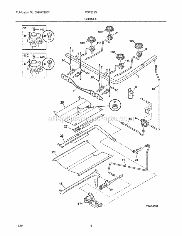 Frigidaire FGF365DSA Freestanding, Gas Gas Range Burner Diagram