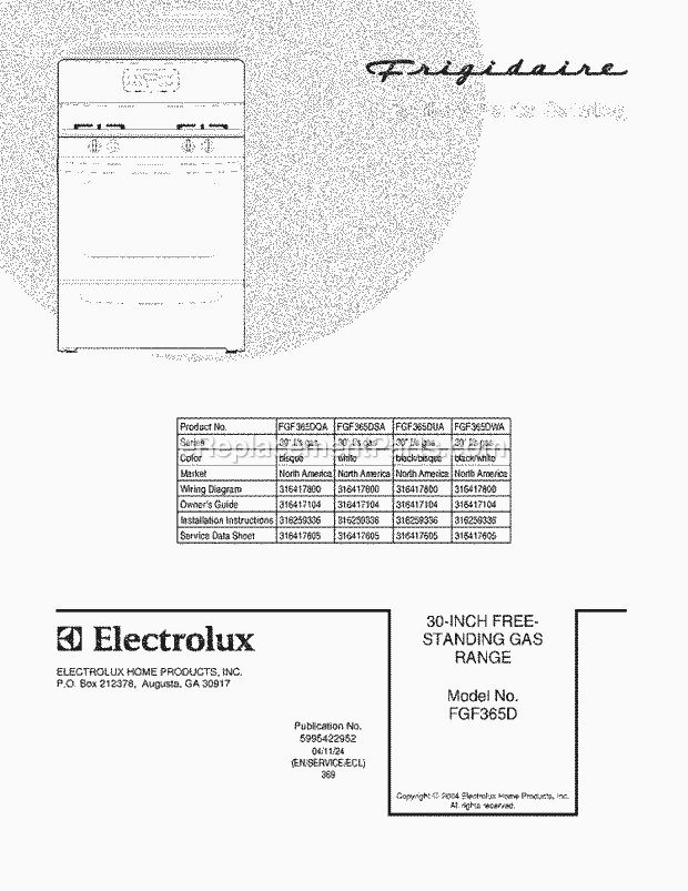 Frigidaire FGF365DSA Freestanding, Gas Gas Range Page D Diagram