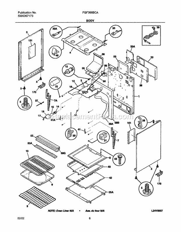 Frigidaire FGF366BCA Freestanding, Gas Gas Range Body Diagram