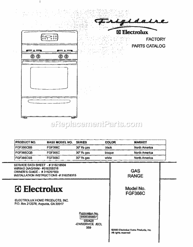 Frigidaire FGF366CSB Freestanding, Gas Gas Range Page D Diagram