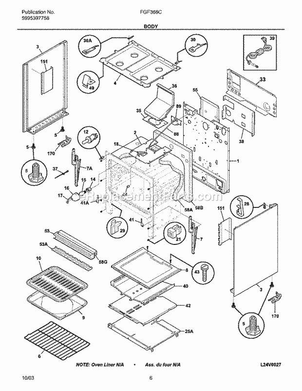 Frigidaire FGF366CSC Freestanding, Gas Gas Range Body Diagram