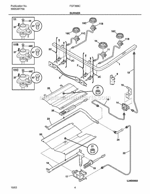 Frigidaire FGF366CSC Freestanding, Gas Gas Range Burner Diagram