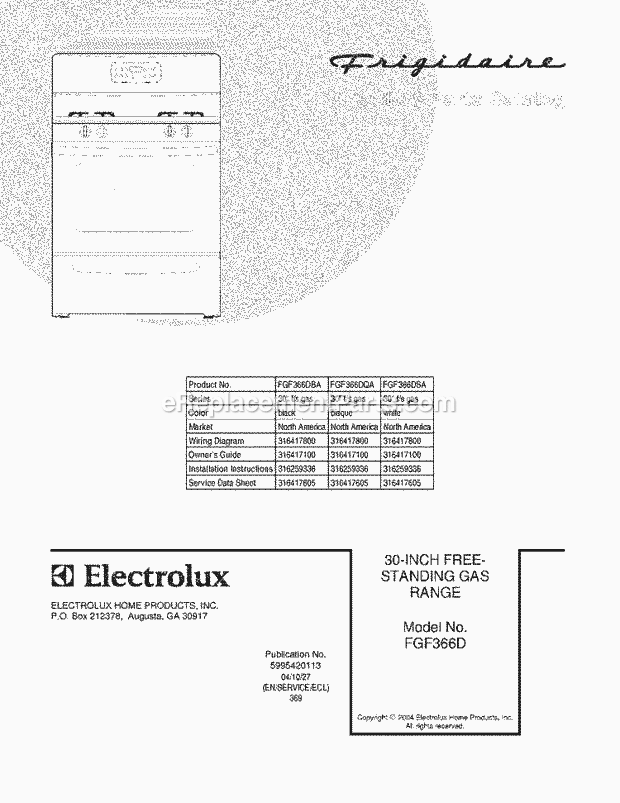 Frigidaire FGF366DQA Freestanding, Gas Gas Range Page D Diagram