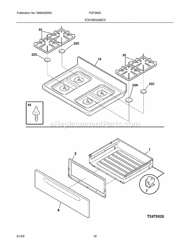 Frigidaire FGF366DQB Freestanding, Gas Gas Range Top / Drawer Diagram