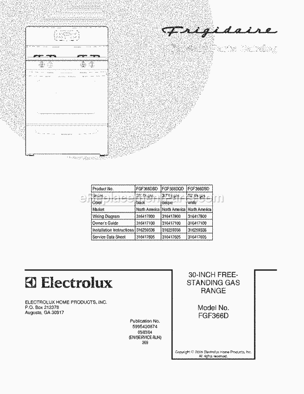 Frigidaire FGF366DSD Freestanding, Gas Gas Range Page D Diagram