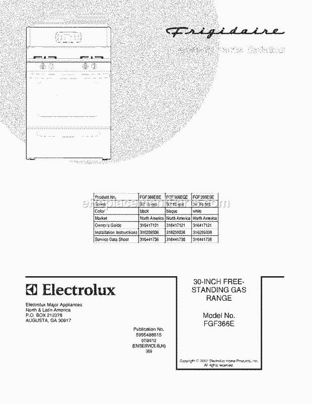 Frigidaire FGF366ESE Freestanding, Gas Gas Range Page D Diagram