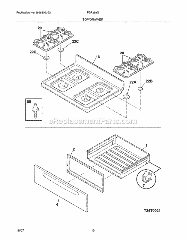 Frigidaire FGF368GQC Freestanding, Gas Gas Range Top / Drawer Diagram