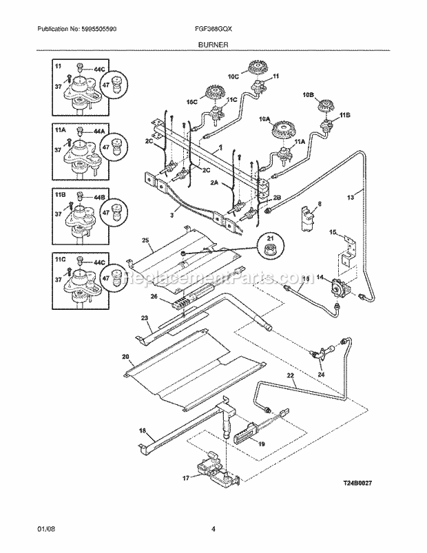 Frigidaire FGF368GQX Freestanding, Gas Gas Range Burner Diagram